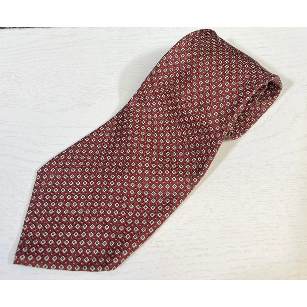 Polo Ralph Lauren Necktie Silk Handmade Geometric‎ Pattern Burgundy